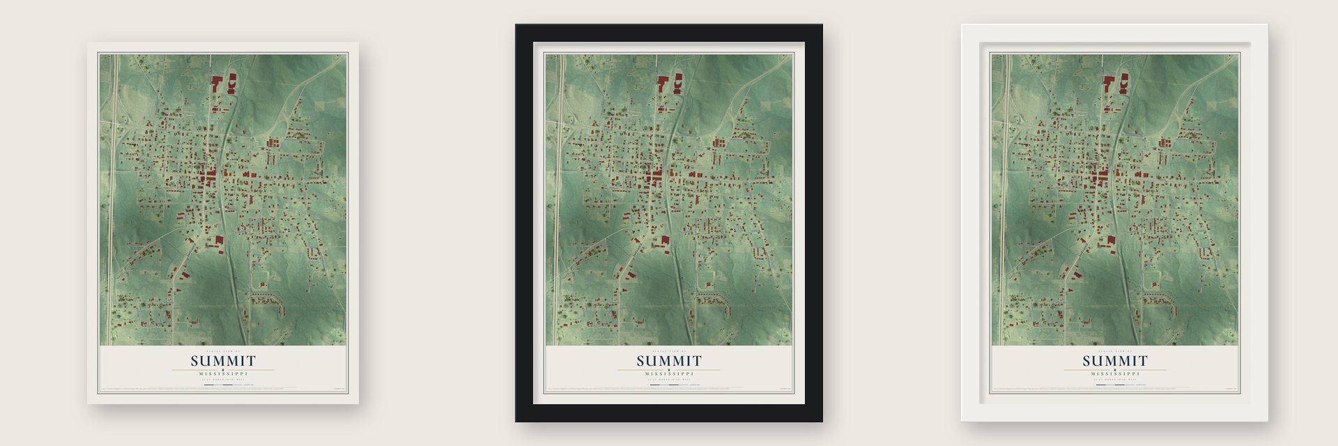 Summit, Mississippi map unframed, in a black wood frame and in a white wood frame