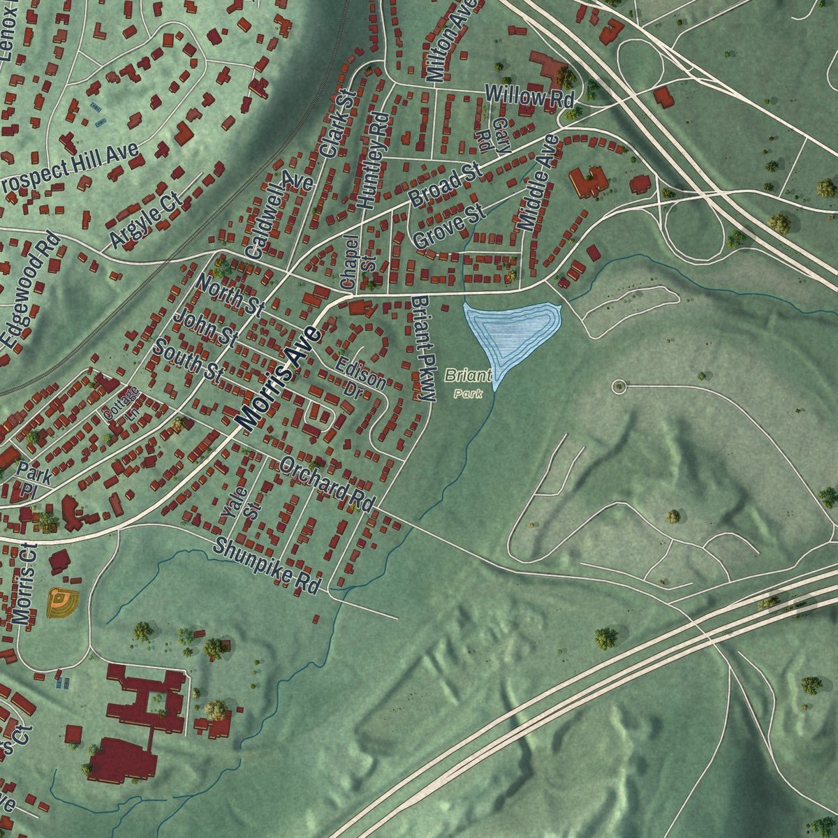Second close-up of the map of Summit, New Jersey print showing more streets and buildings