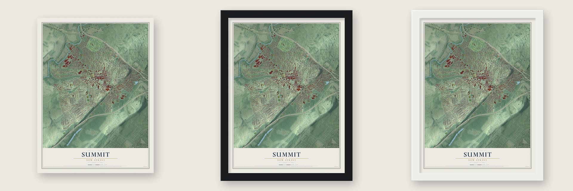 Summit, New Jersey map unframed, in a black wood frame and in a white wood frame