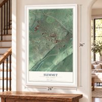 Summit, New Jersey map, 24 x 36 inch print in a white frame by a staircase