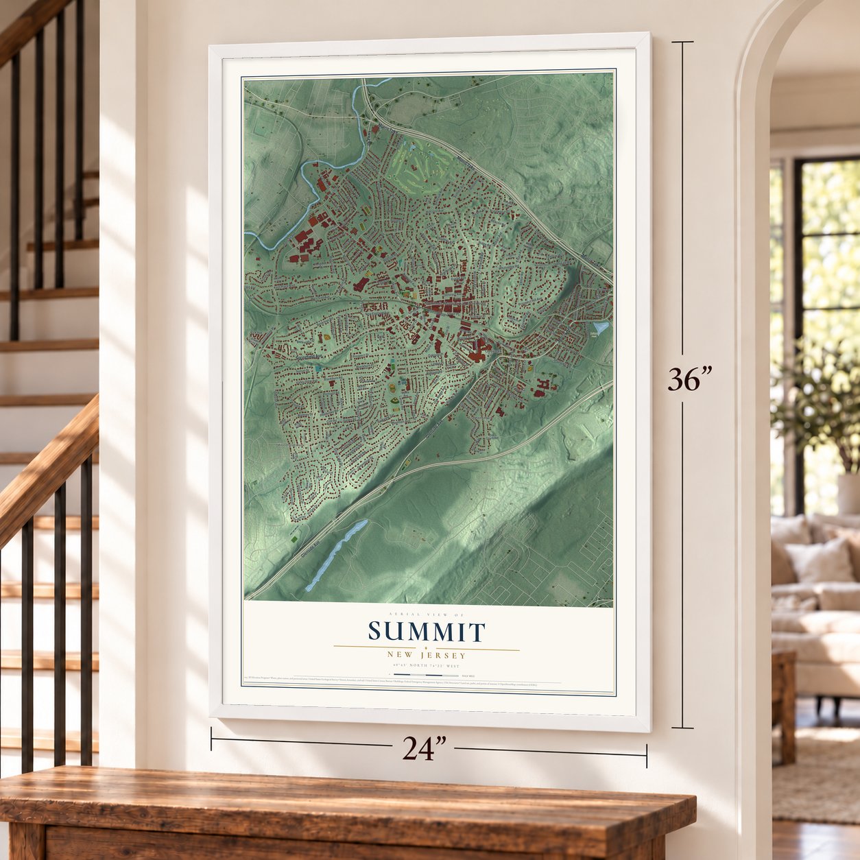 Summit, New Jersey map, 24 x 36 inch print in a white frame by a staircase