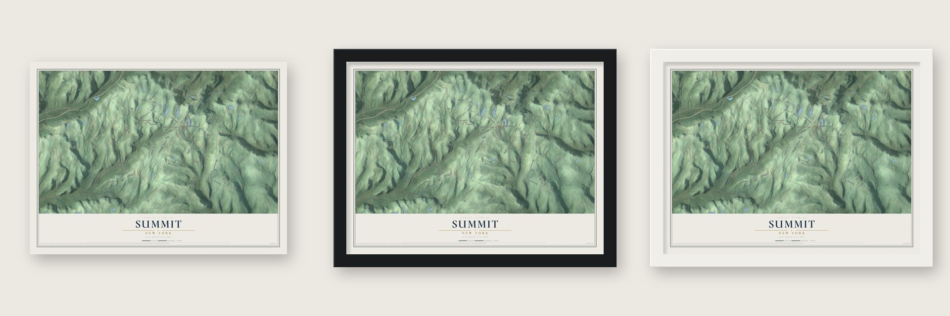 Summit, New York map unframed, in a black wood frame and in a white wood frame