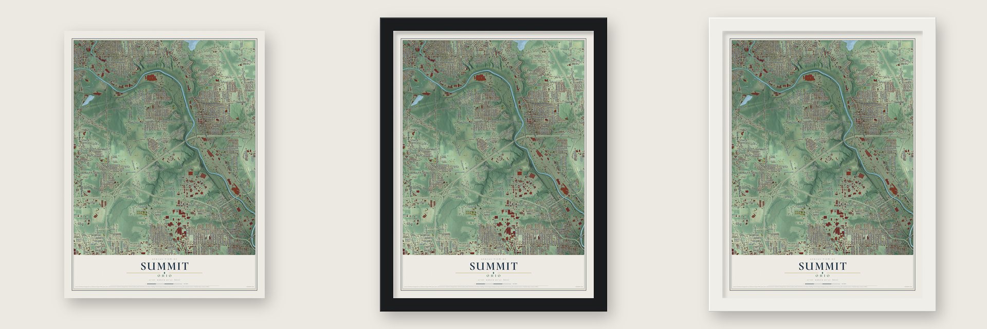 Summit, Ohio map unframed, in a black wood frame and in a white wood frame