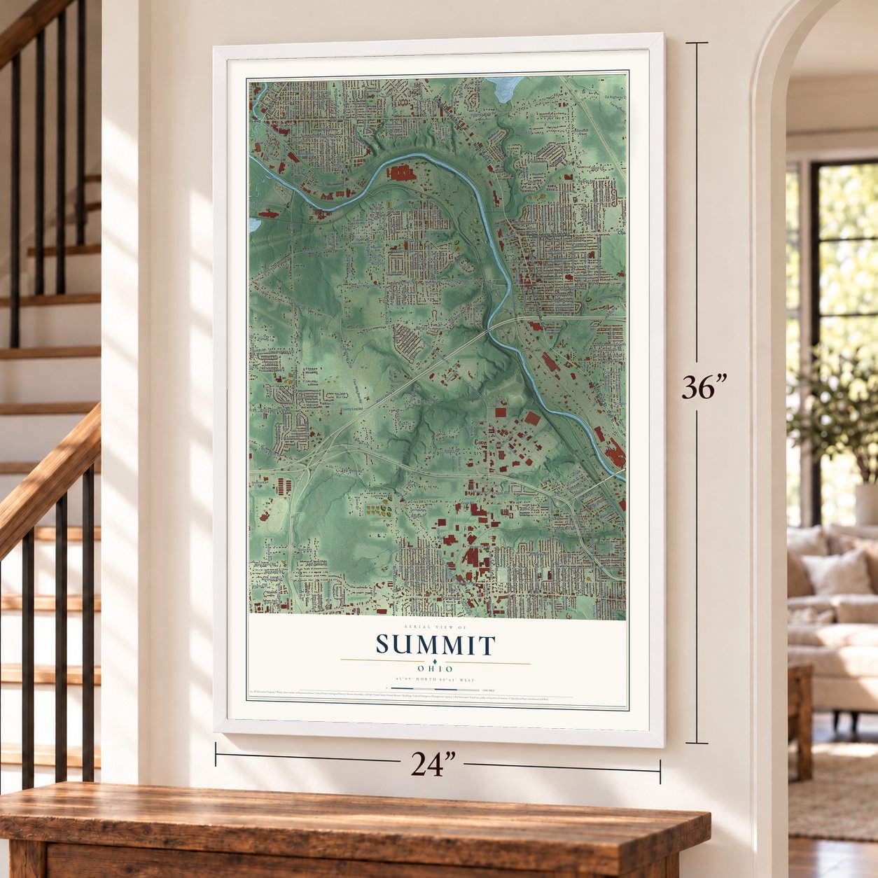 Summit, Ohio map, 24 x 36 inch print in a white frame by a staircase