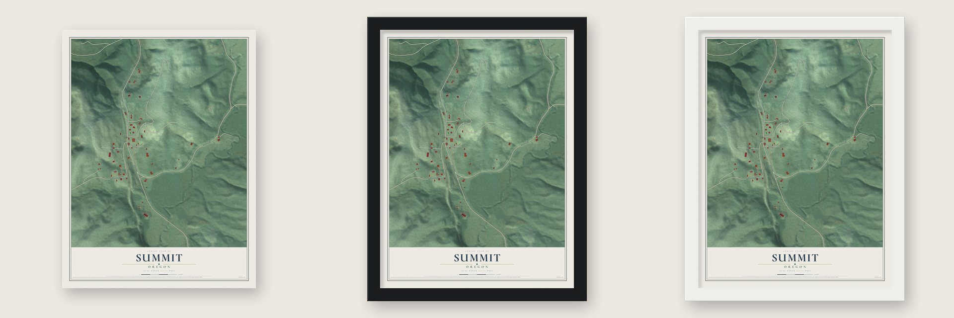 Summit, Oregon map unframed, in a black wood frame and in a white wood frame