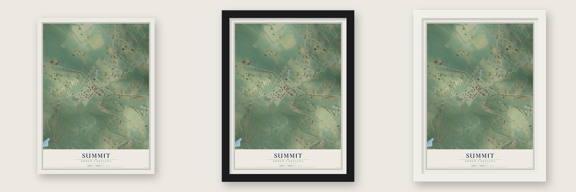 Summit, South Carolina map unframed, in a black wood frame and in a white wood frame