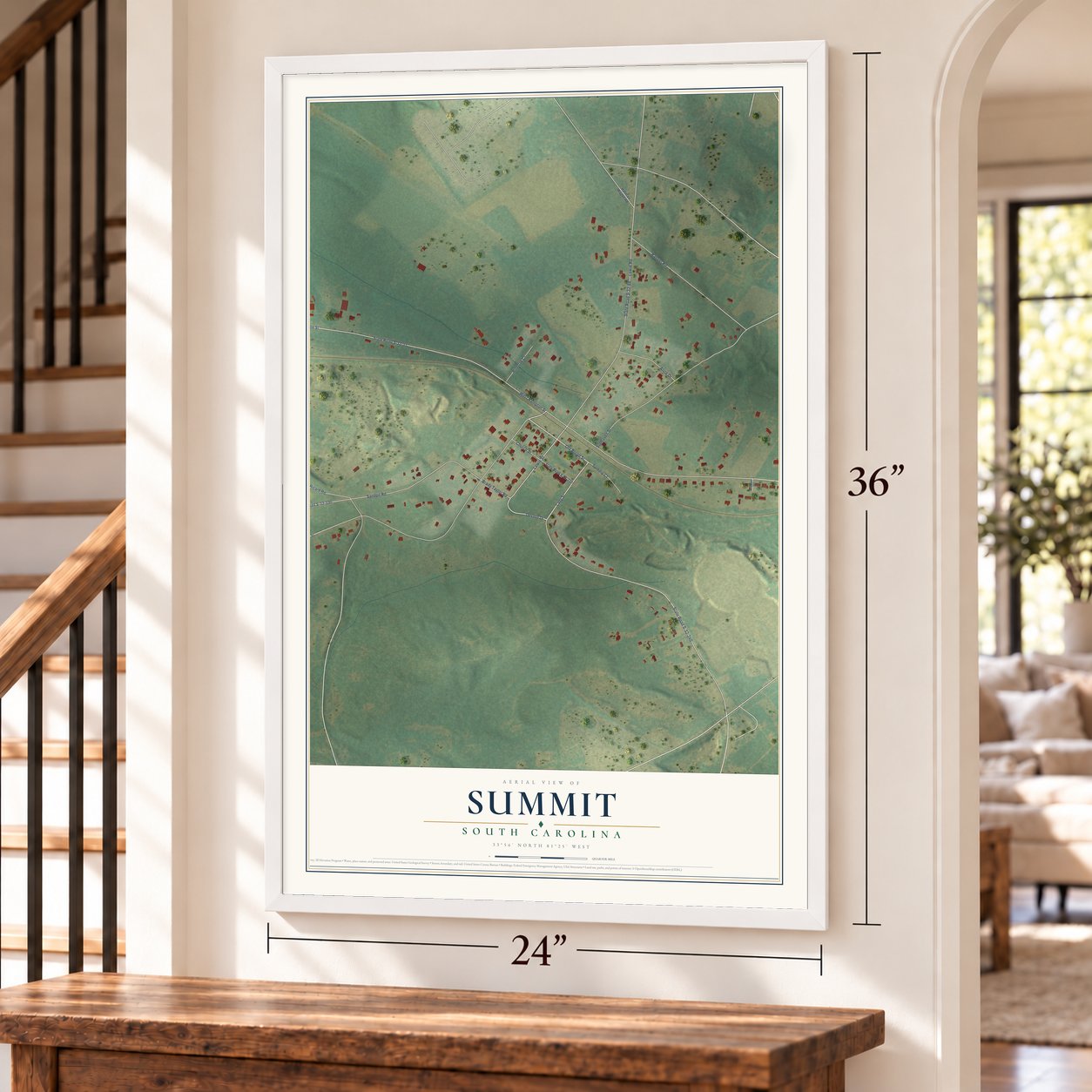 Summit, South Carolina map, 24 x 36 inch print in a white frame by a staircase