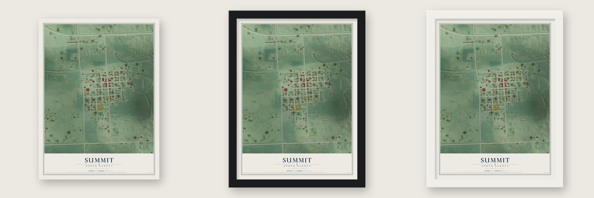 Summit, South Dakota map unframed, in a black wood frame and in a white wood frame