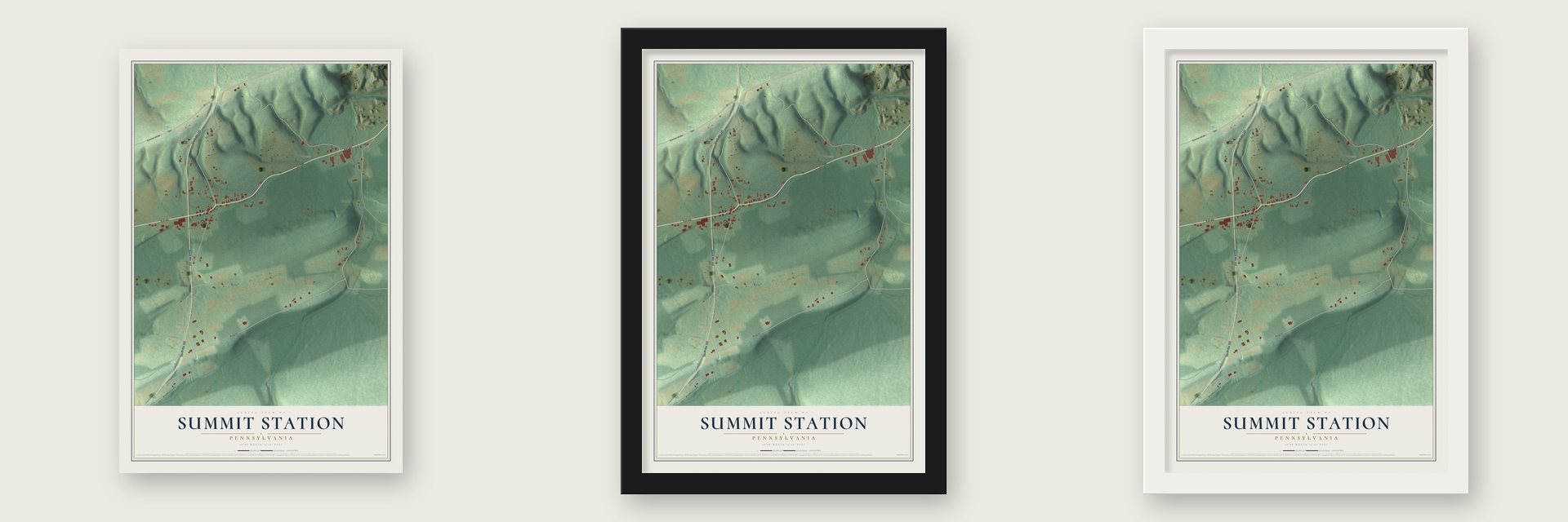 Summit Station, Pennsylvania map unframed, in a black wood frame and in a white wood frame