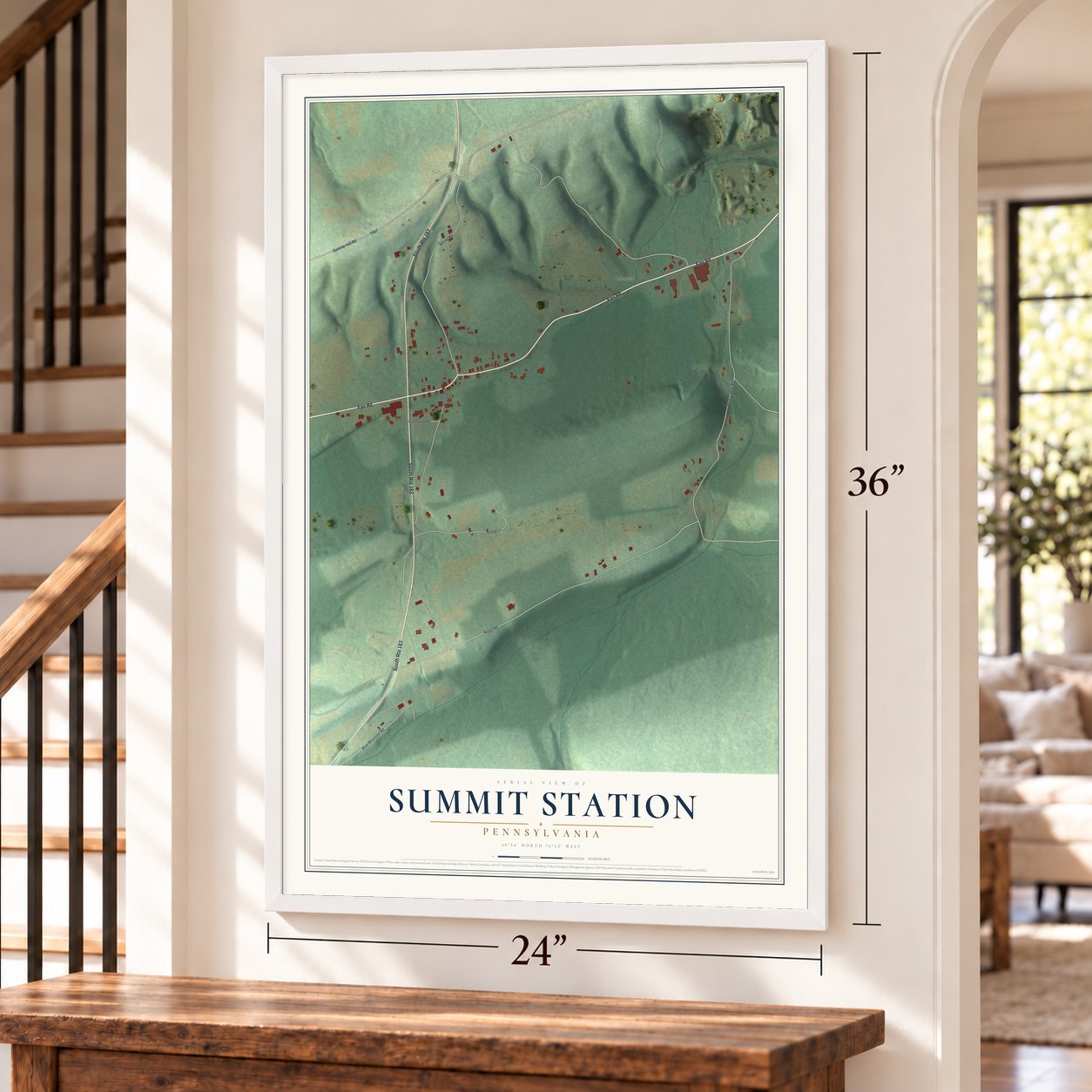 Summit Station, Pennsylvania map, 24 x 36 inch print in a white frame by a staircase