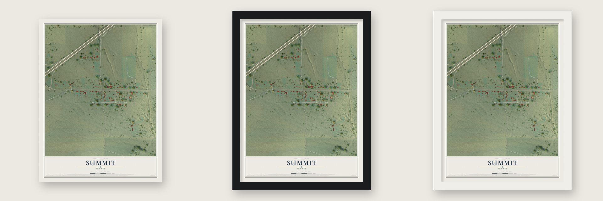 Summit, Utah map unframed, in a black wood frame and in a white wood frame
