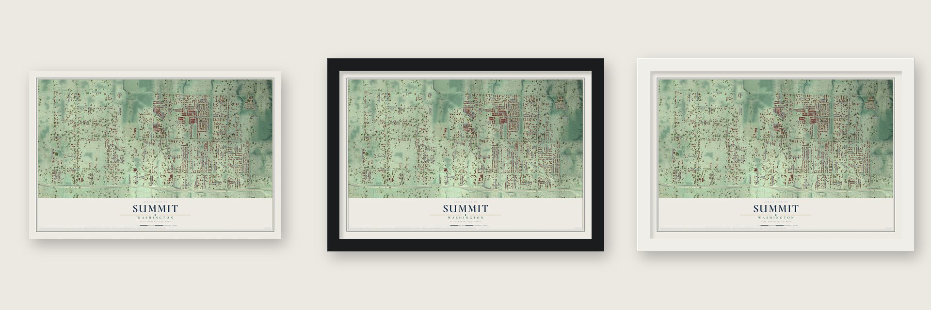 Summit, Washington map unframed, in a black wood frame and in a white wood frame