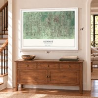 Summit, Washington map, 24 x 36 inch print in a white frame above a dresser by a staircase