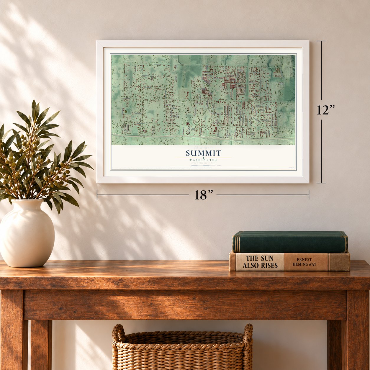 Summit, Washington map, 12 x 18 inch print in a white frame in an entryway