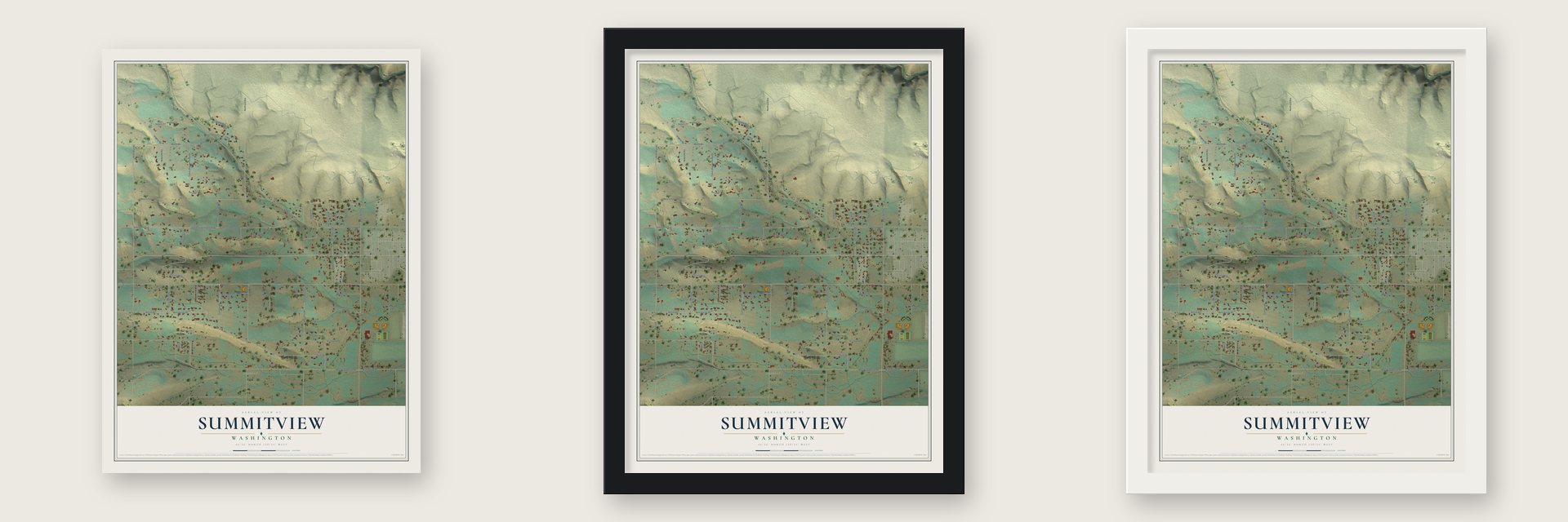 Summitview, Washington map unframed, in a black wood frame and in a white wood frame