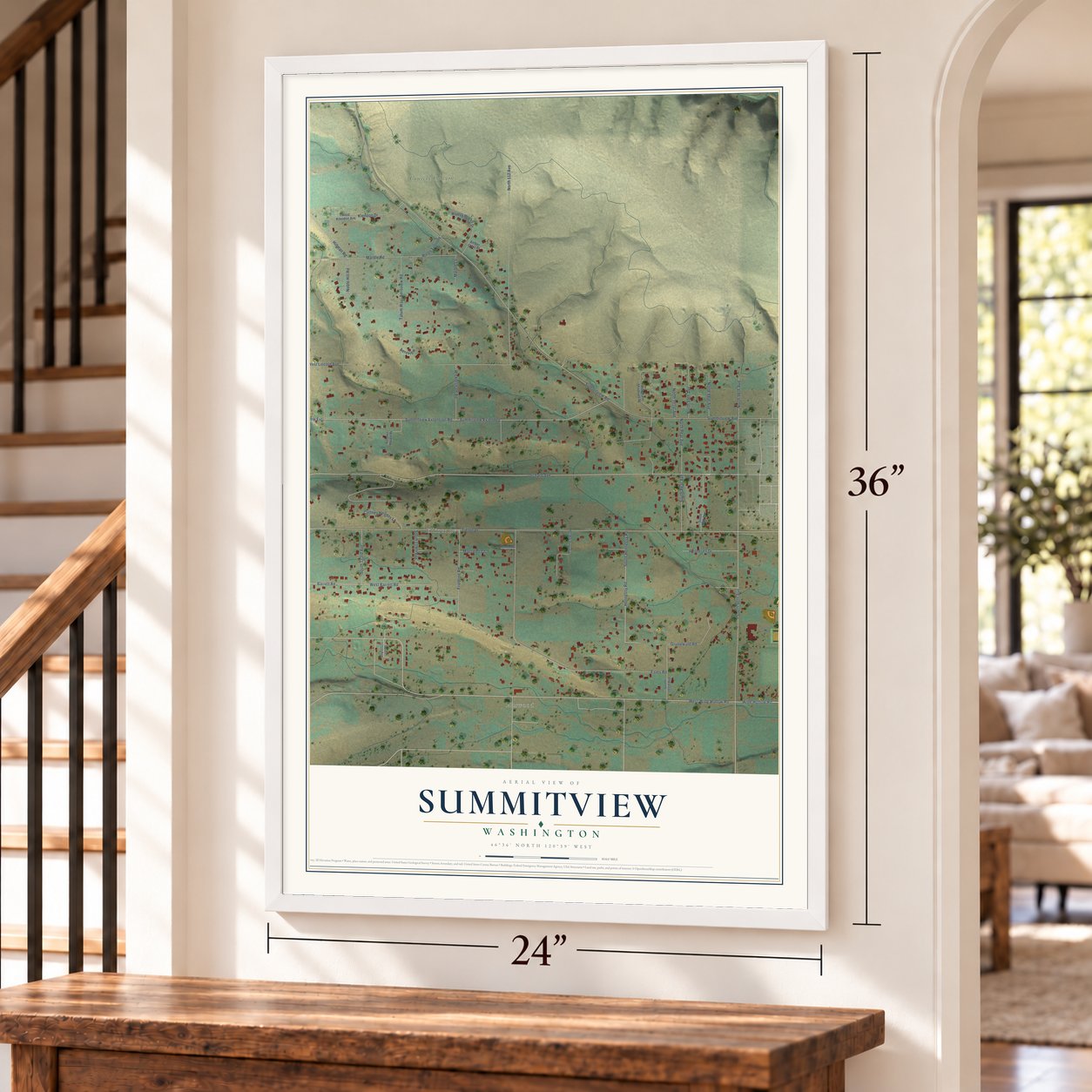 Summitview, Washington map, 24 x 36 inch print in a white frame by a staircase