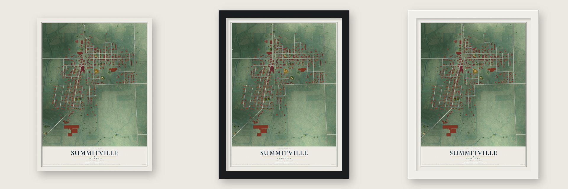 Summitville, Indiana map unframed, in a black wood frame and in a white wood frame