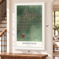 Summitville, Indiana map, 24 x 36 inch print in a white frame by a staircase