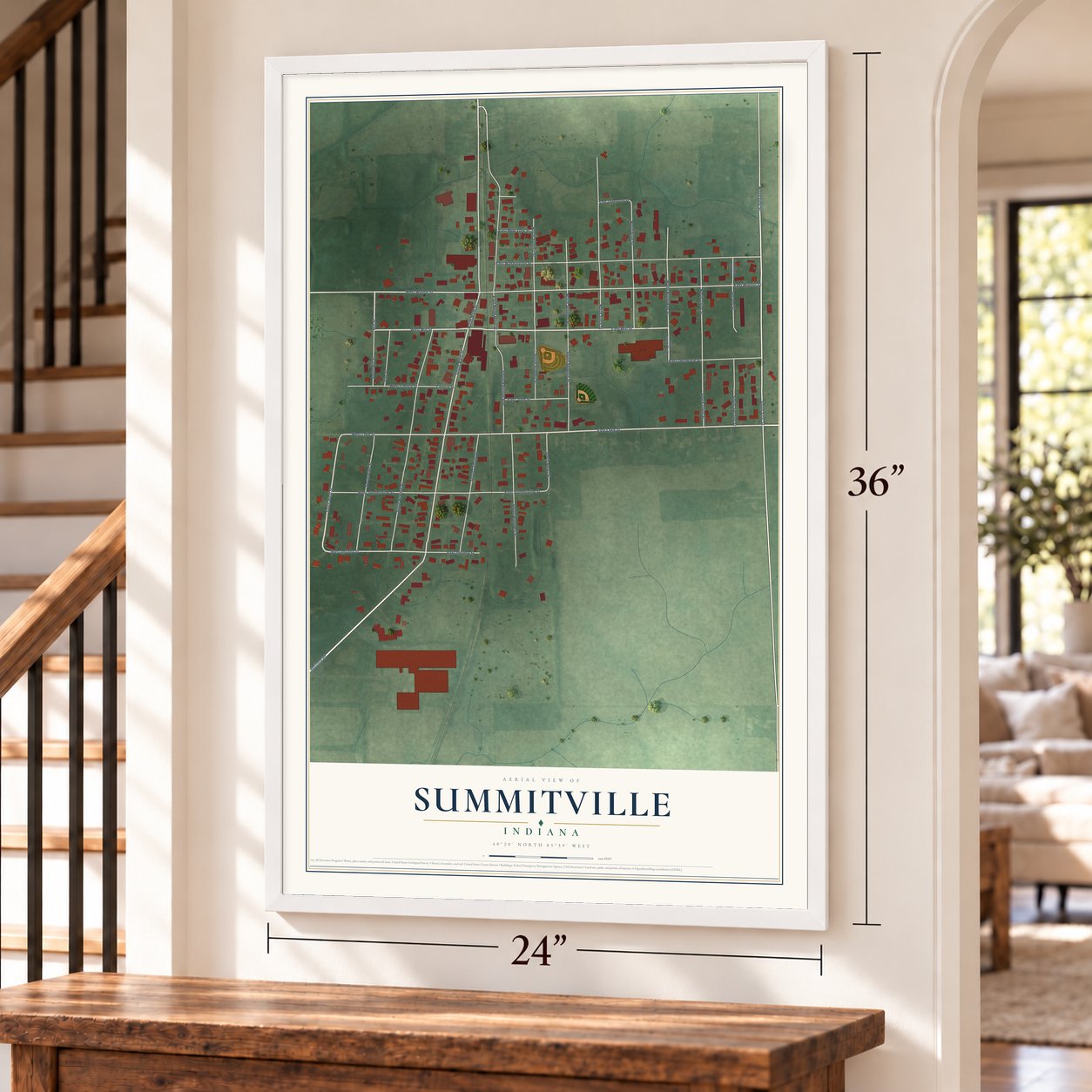 Summitville, Indiana map, 24 x 36 inch print in a white frame by a staircase