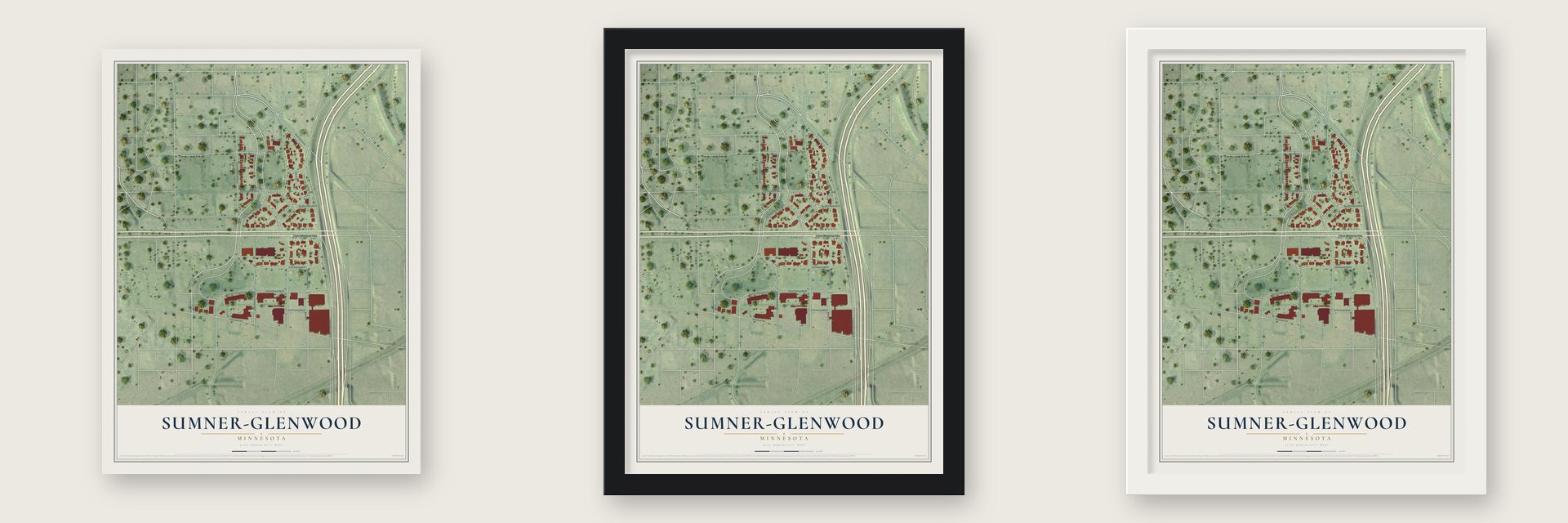Sumner-Glenwood, Minnesota map unframed, in a black wood frame and in a white wood frame