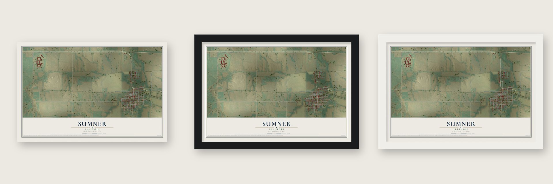 Sumner, Illinois map unframed, in a black wood frame and in a white wood frame
