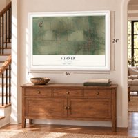 Sumner, Illinois map, 24 x 36 inch print in a white frame above a dresser by a staircase