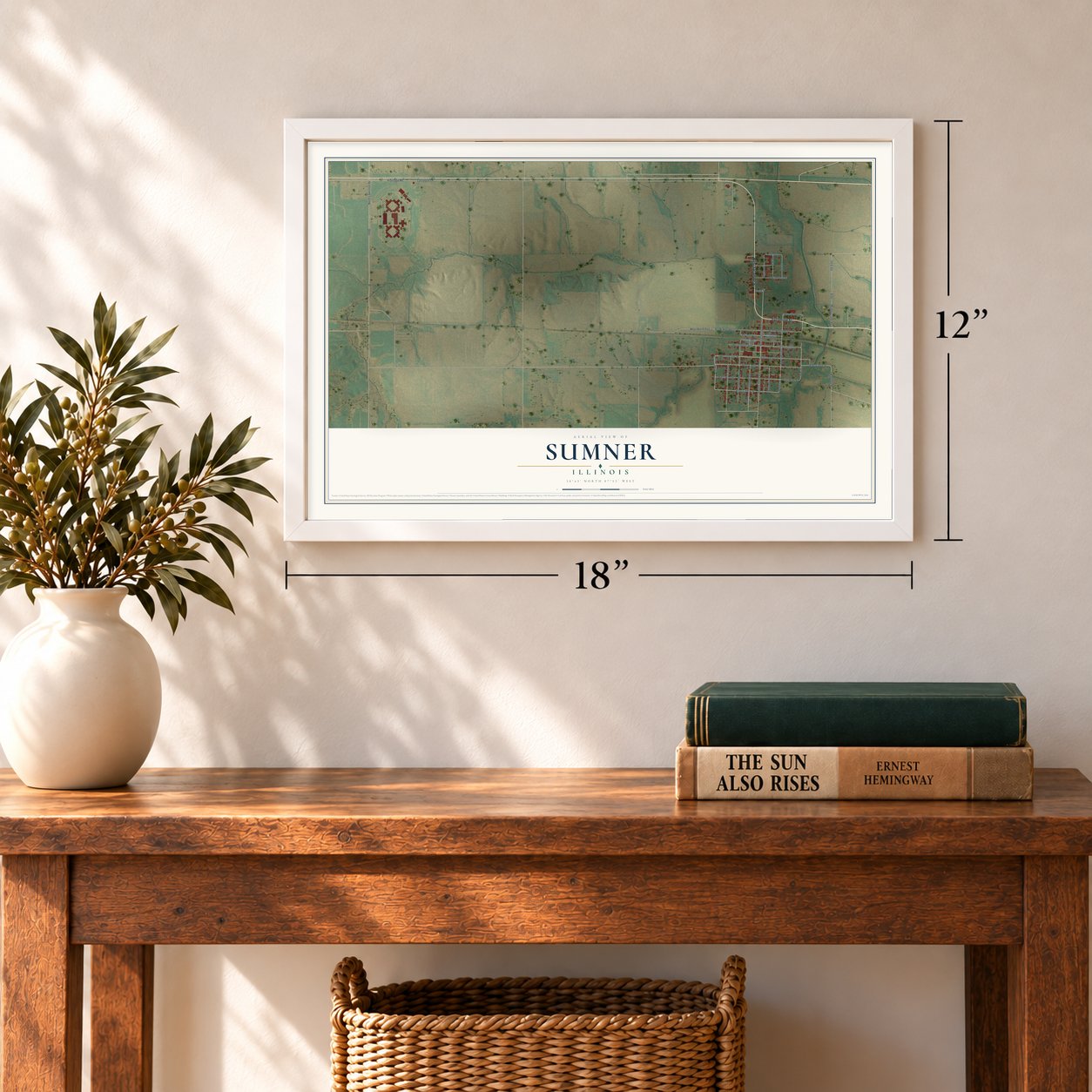 Sumner, Illinois map, 12 x 18 inch print in a white frame in an entryway