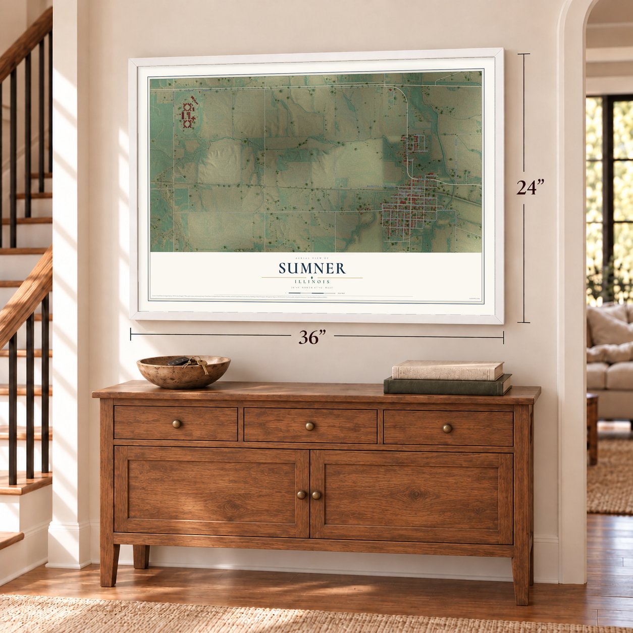 Sumner, Illinois map, 24 x 36 inch print in a white frame above a dresser by a staircase