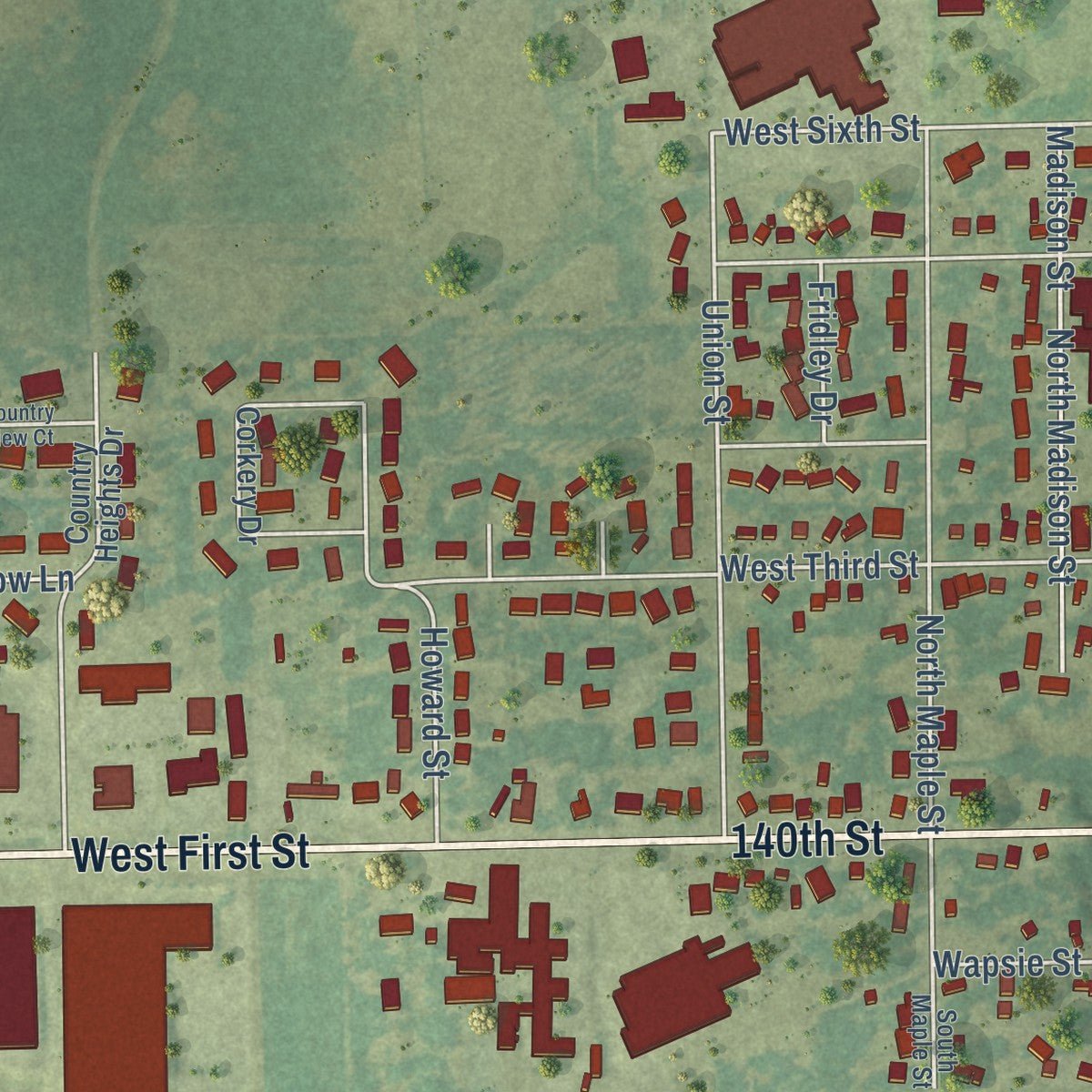 Second close-up of the map of Sumner, Iowa print showing more streets and buildings
