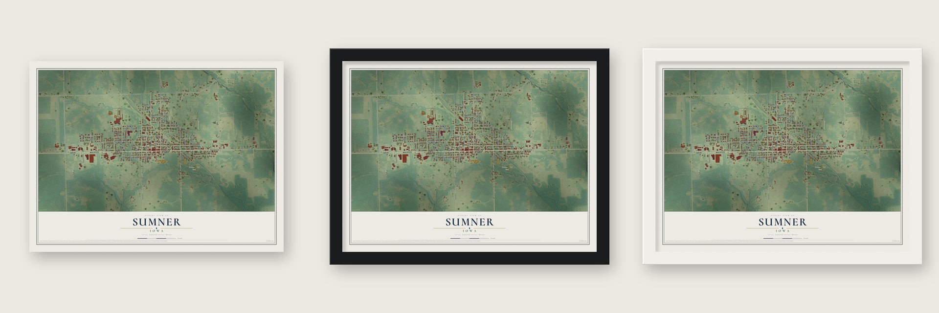 Sumner, Iowa map unframed, in a black wood frame and in a white wood frame