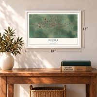 Sumner, Iowa map, 12 x 18 inch print in a white frame in an entryway