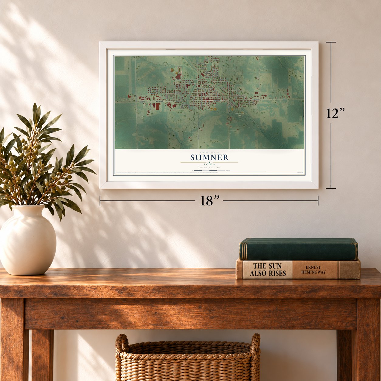 Sumner, Iowa map, 12 x 18 inch print in a white frame in an entryway