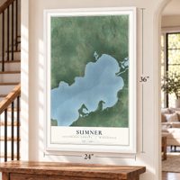 Sumner, Jefferson County, Wisconsin map, 24 x 36 inch print in a white frame by a staircase