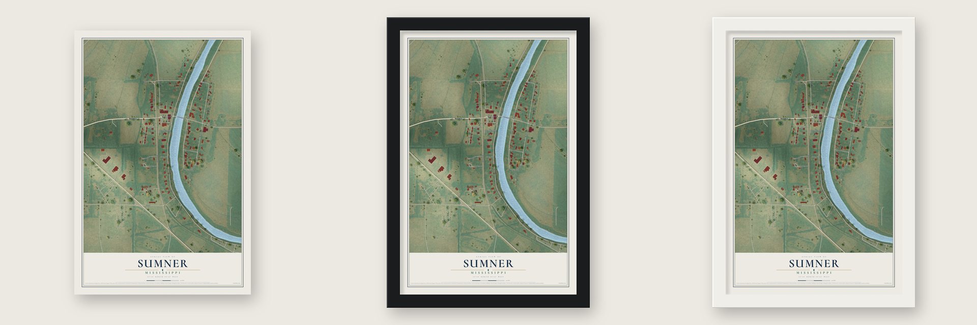 Sumner, Mississippi map unframed, in a black wood frame and in a white wood frame