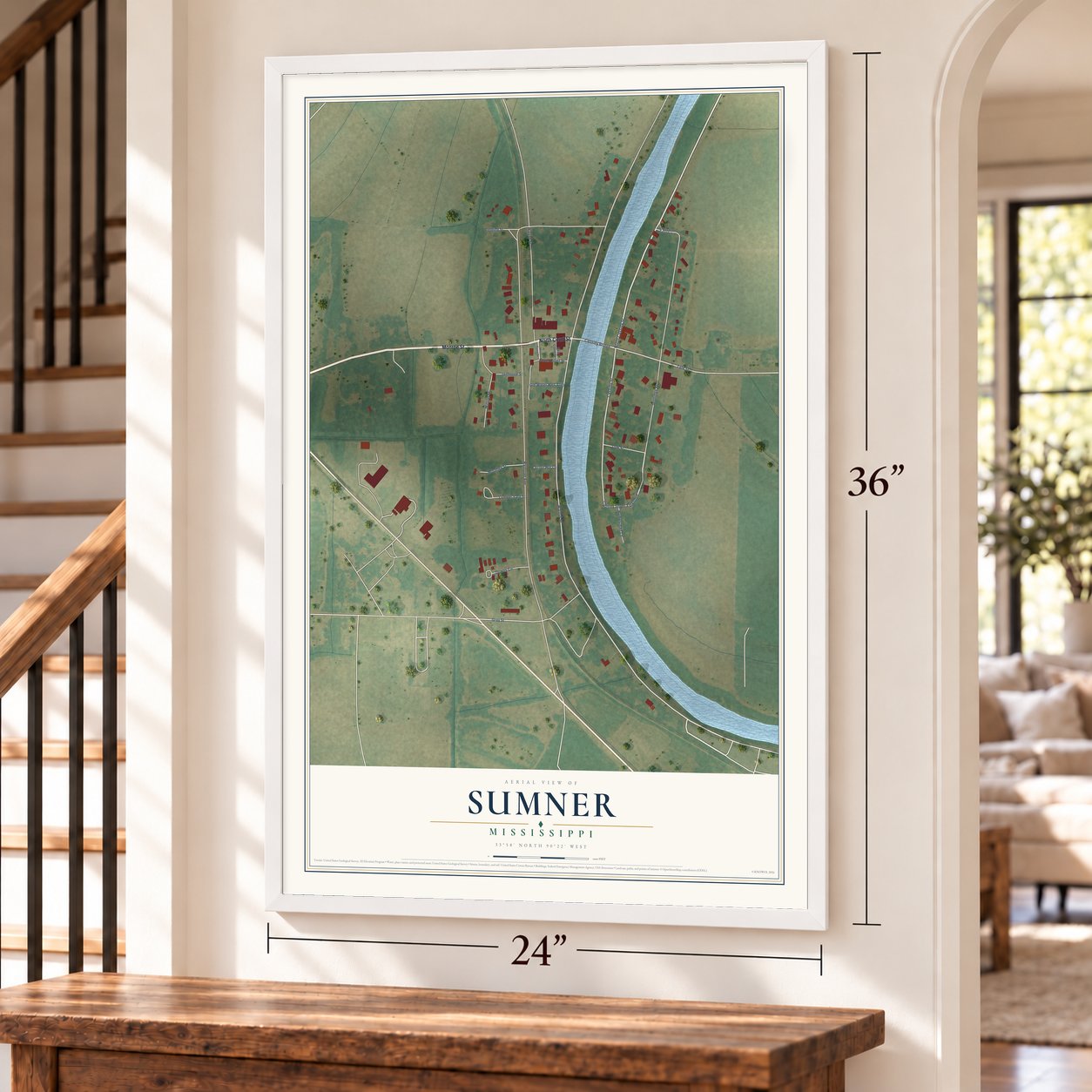 Sumner, Mississippi map, 24 x 36 inch print in a white frame by a staircase