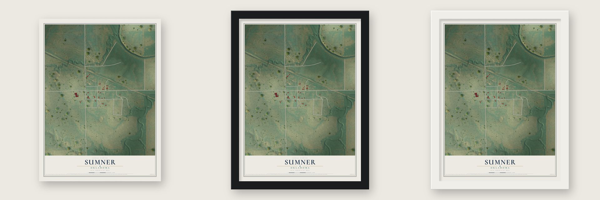 Sumner, Oklahoma map unframed, in a black wood frame and in a white wood frame