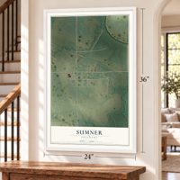 Sumner, Oklahoma map, 24 x 36 inch print in a white frame by a staircase