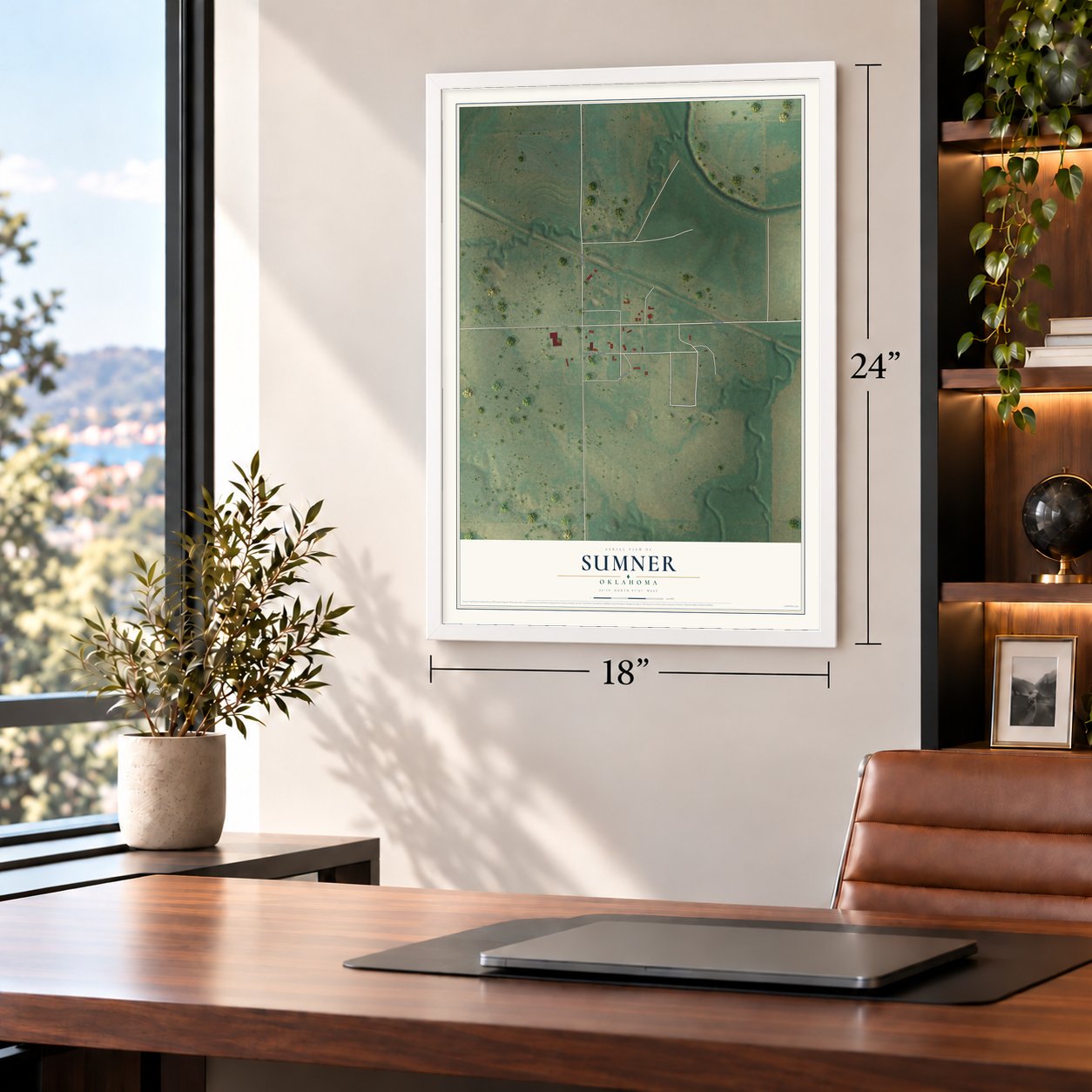 Sumner, Oklahoma map, 18 x 24 inch print in a white frame in a home office