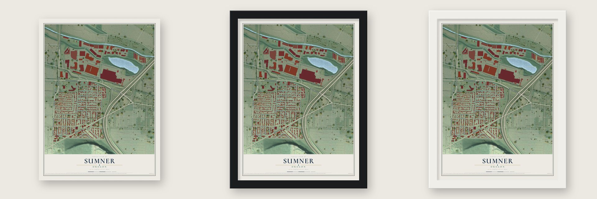 Sumner, Oregon map unframed, in a black wood frame and in a white wood frame