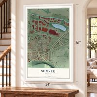 Sumner, Oregon map, 24 x 36 inch print in a white frame by a staircase