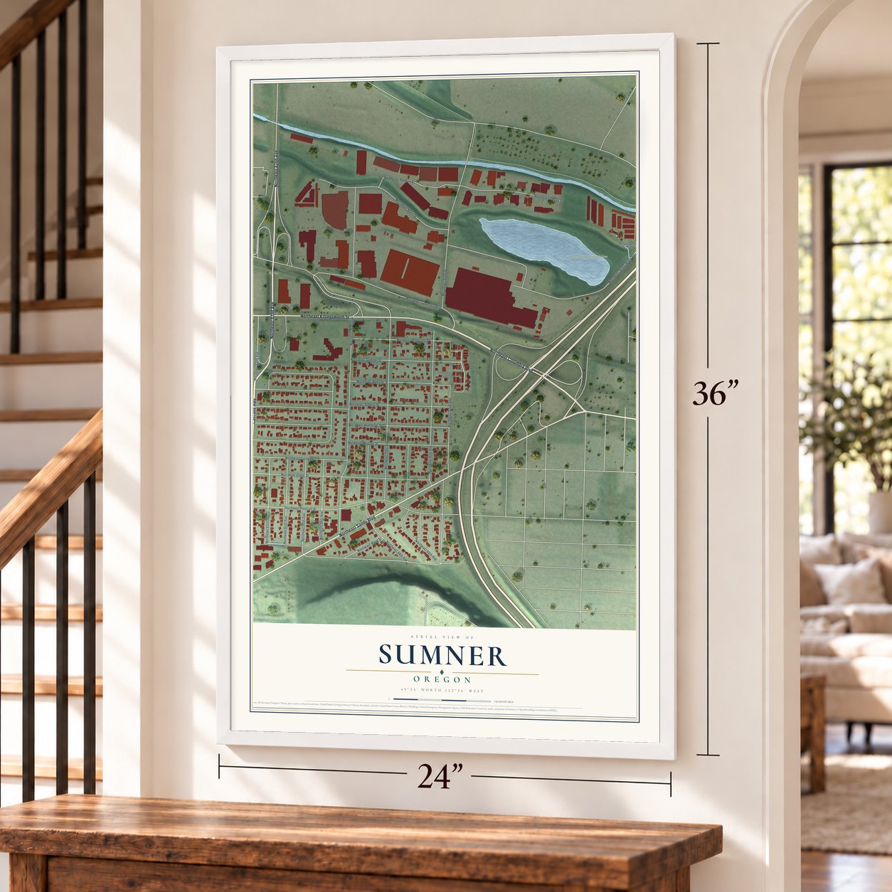 Sumner, Oregon map, 24 x 36 inch print in a white frame by a staircase