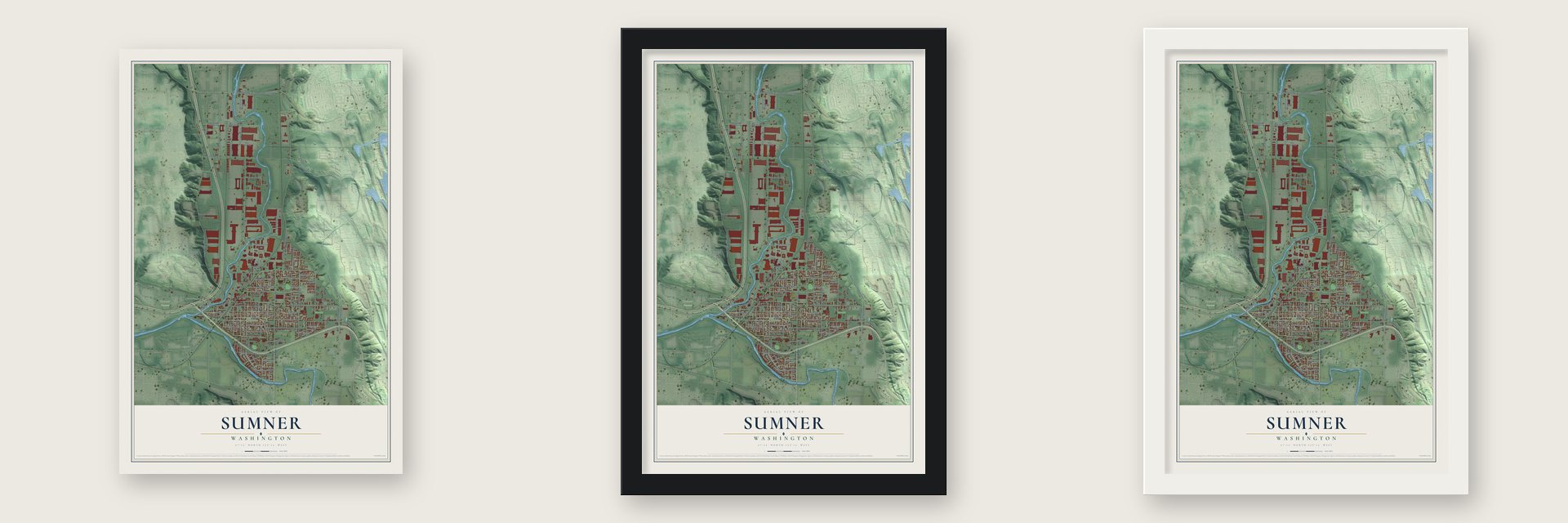 Sumner, Washington map unframed, in a black wood frame and in a white wood frame
