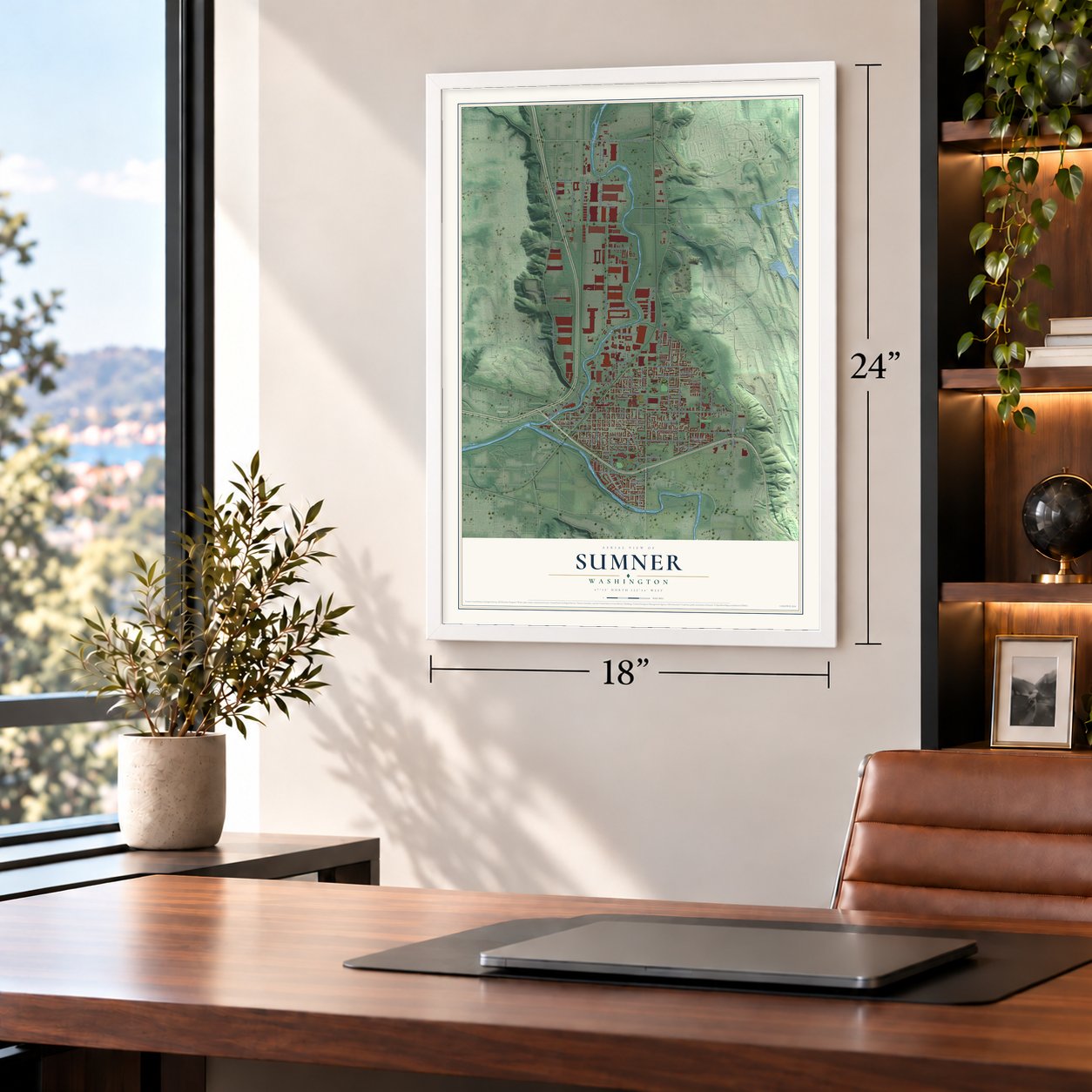 Sumner, Washington map, 18 x 24 inch print in a white frame in a home office