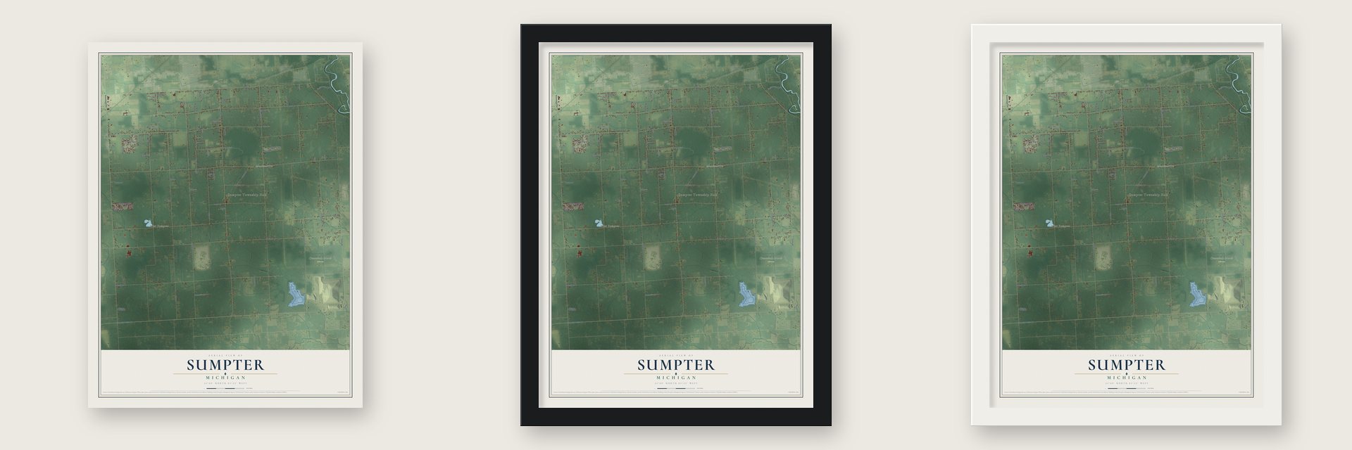 Sumpter, Michigan map unframed, in a black wood frame and in a white wood frame