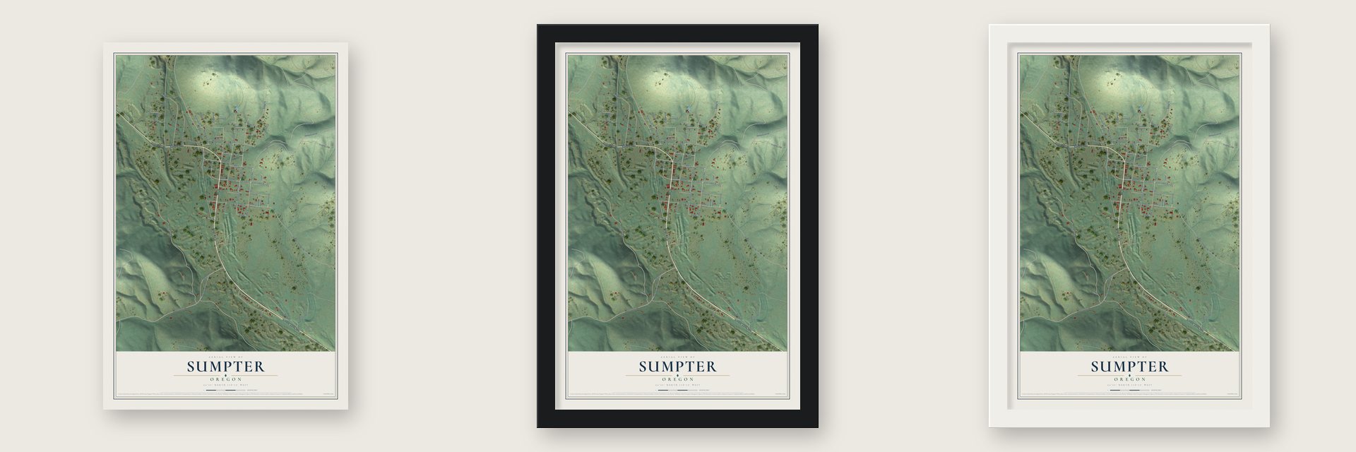 Sumpter, Oregon map unframed, in a black wood frame and in a white wood frame