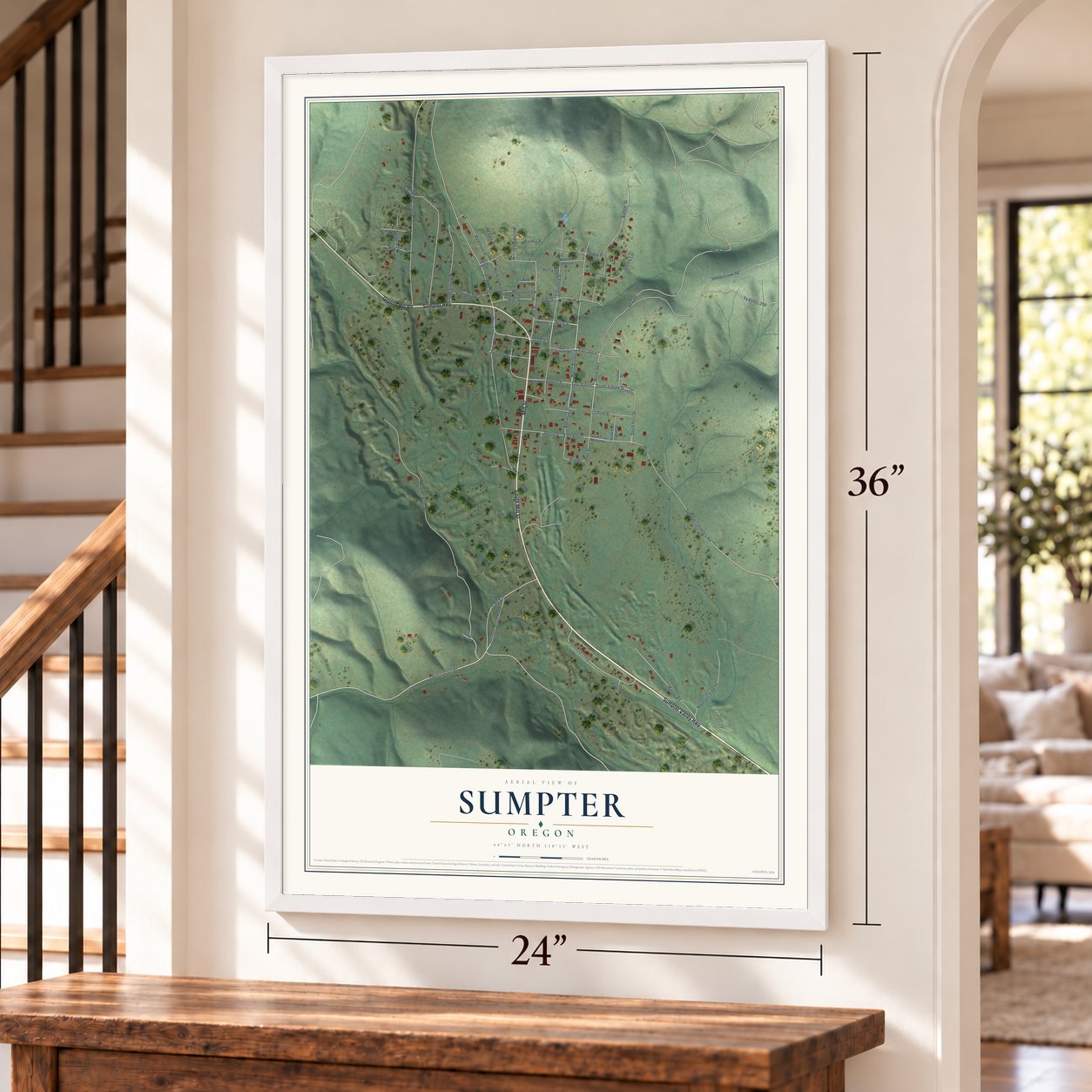 Sumpter, Oregon map, 24 x 36 inch print in a white frame by a staircase
