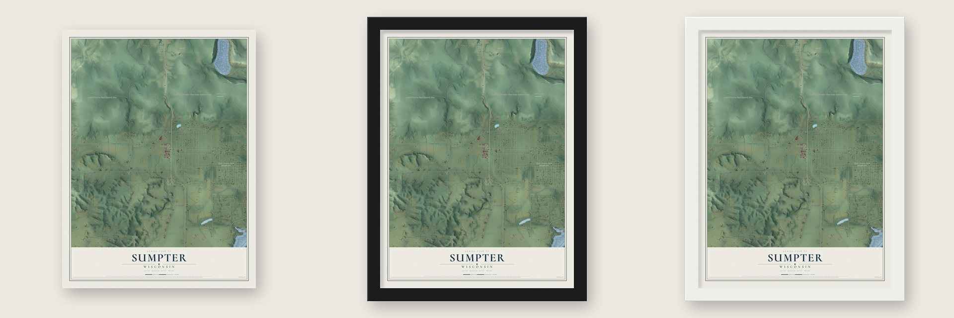 Sumpter, Wisconsin map unframed, in a black wood frame and in a white wood frame