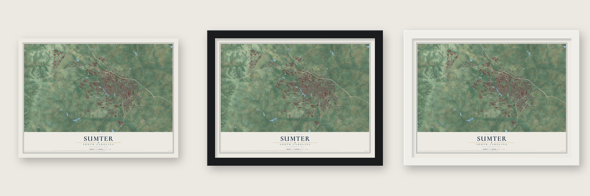 Sumter, South Carolina map unframed, in a black wood frame and in a white wood frame