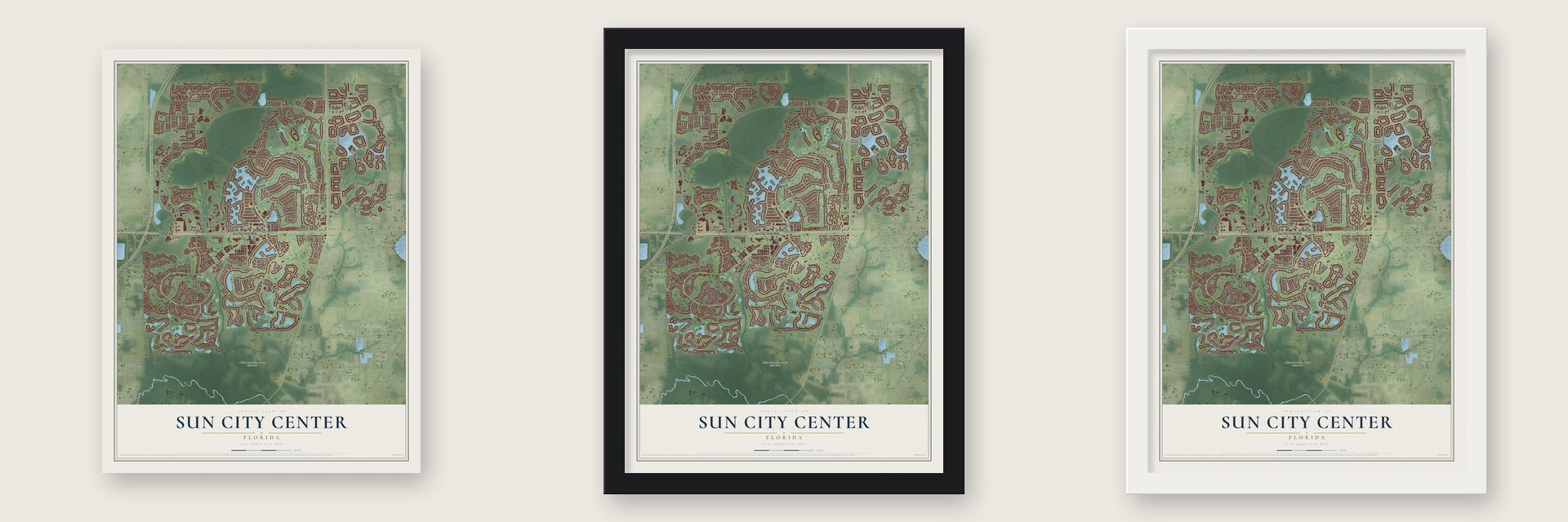 Sun City Center, Florida map unframed, in a black wood frame and in a white wood frame