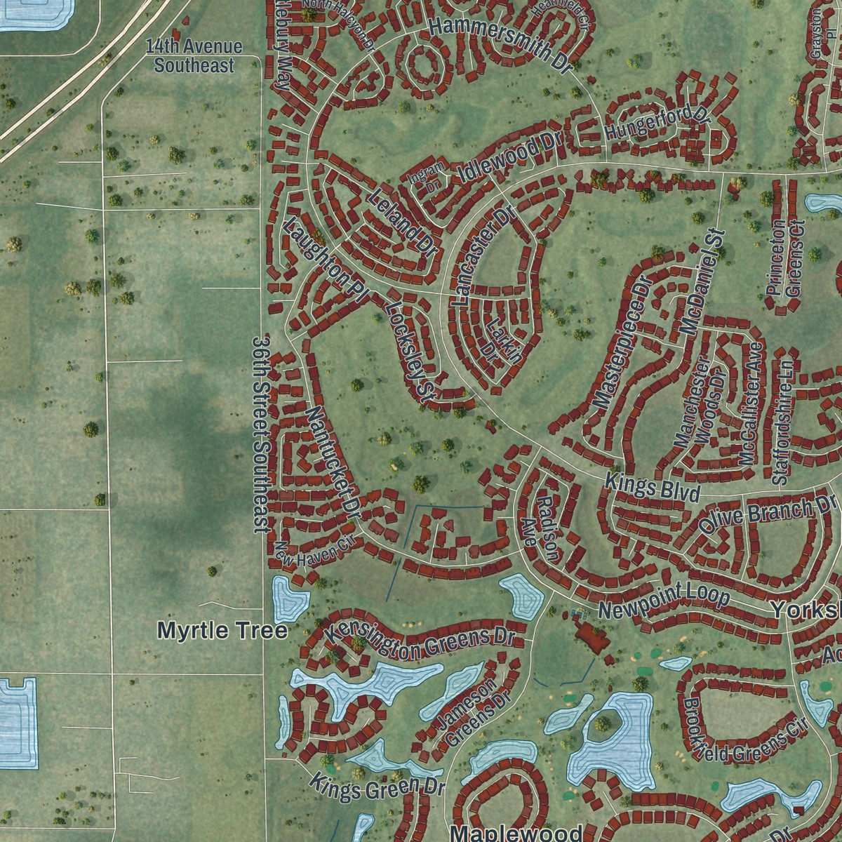 Second close-up of the map of Sun City Center, Florida print showing more streets and buildings